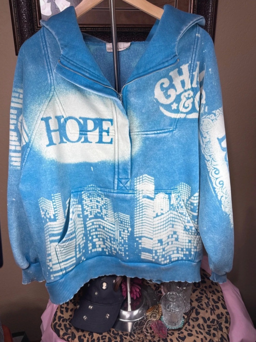 Revamped Zenana Outfitters Blue acid wash Graphic Pullover Hoodie